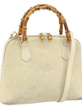 GUCCI Bamboo Hand Bag Suede 2way Beige Gold 000 2865 0290 Auth ep13200